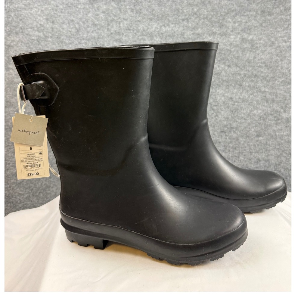 Brand New Vicki Mid Rise Rain Boots Black Rubber Waterproof Matte Buckle Size 9